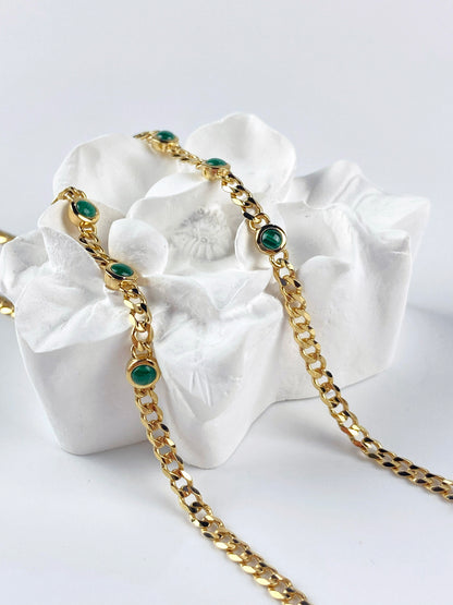 Malachite Trio Stones of Transformation | 18K Yellow Gold Cuban Chain Link Bracelet